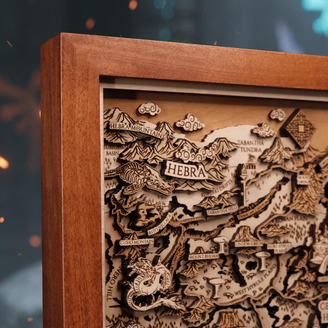 The Lands of Hyrule Framed Wooden Map, Natural BOTW Map Art Inspired ...