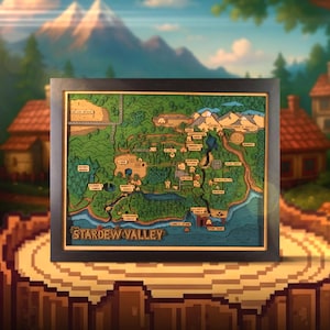 May include: Framed wooden map of Stardew Valley, featuring a detailed layout of the game's locations. The map is set against a backdrop of mountains, trees, and houses, with the game's title at the bottom.