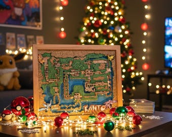 3D Wooden Catch and Battle Region Map, Premium video game wood Christmas decor, Hightle detailed Adventure map art