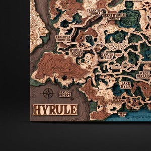 Affiche 3D d'Hyrule, carte très détaillée du sanctuaire BOTW, illustration de jeu vidéo unique avec lien vers la carte précédente