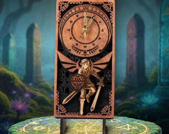 Master Sword Wood Clock, Collectible video game art, 3D wooden BOTW shrine hero desk clock