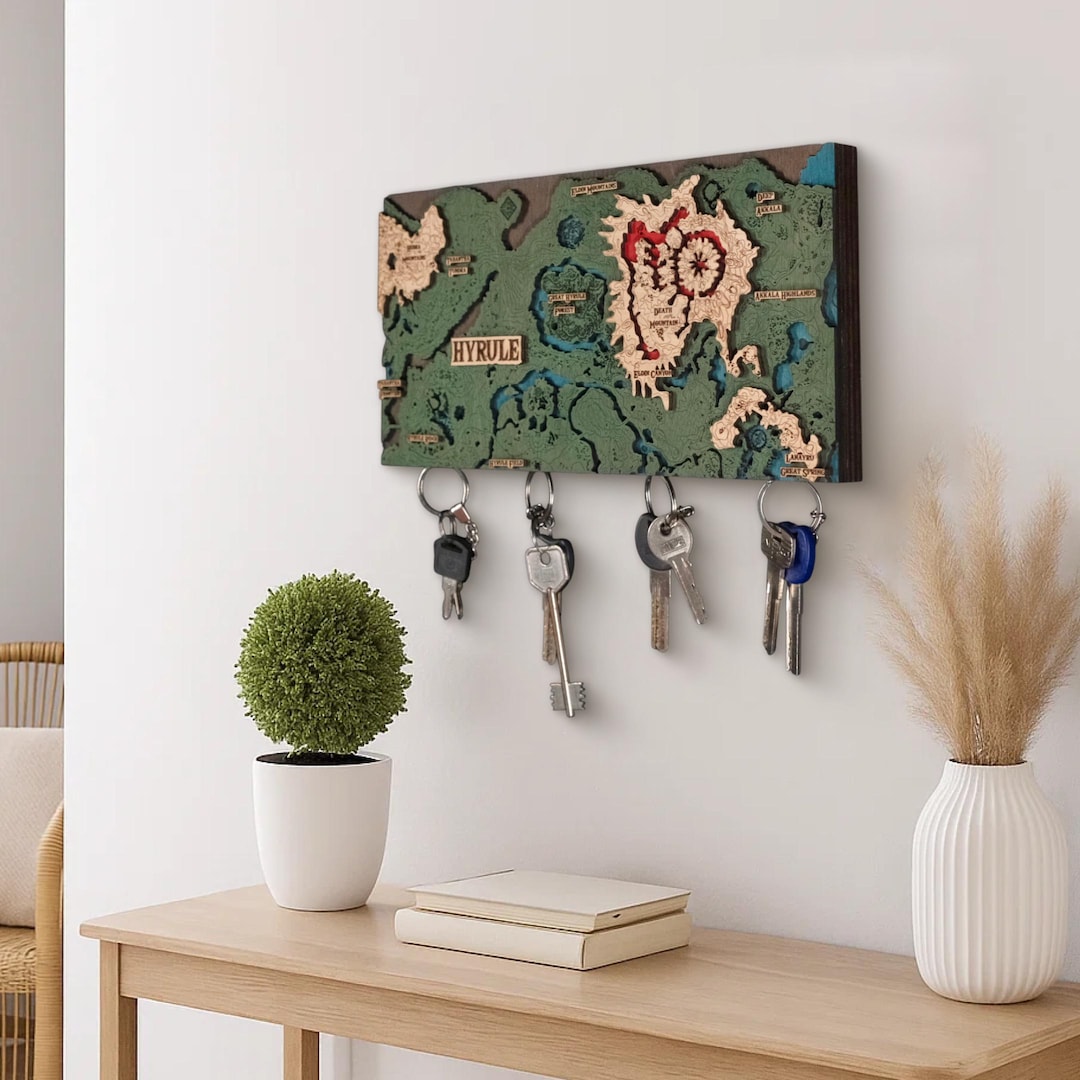 Hyrule World 3D Key Rack, Gamer Room Decor, Wooden Wall Art With Key ...