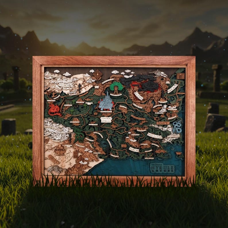 The Lands of Hyrule Map, 3D Wood Wall Decor, BOTW Map Art Style, Gaming ...