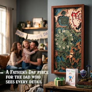 May include: A framed wooden wall clock with a detailed map design. The clock features a brown frame and a multi-layered landscape in shades of green, blue, and brown. The clock face has gold hands and white numerals. A Father's Day card and gift box are on a wooden table.