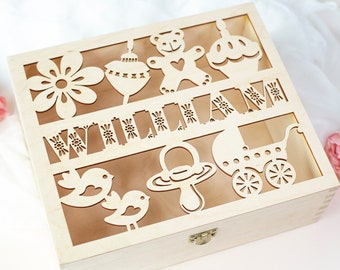 Personalized wooden keepsake box for child - laser cut baby box - first year, birthday, baptism, gift