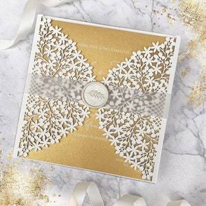 Invitations dorées de mariage Crème élégante Couvertures découpées au laser Invitations d'anniversaire baptême