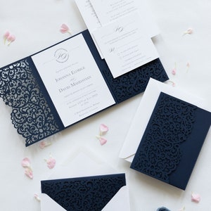 Navy blue invitations Laser cut Wedding baptism birthday pocket invitation luxury elegant invitations