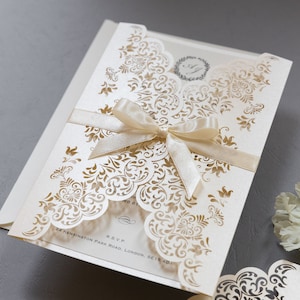 Invitations de mariage crème clair métallisé découpées au laser Cartes de mariage Baptême Enveloppe d'invitation nacrée