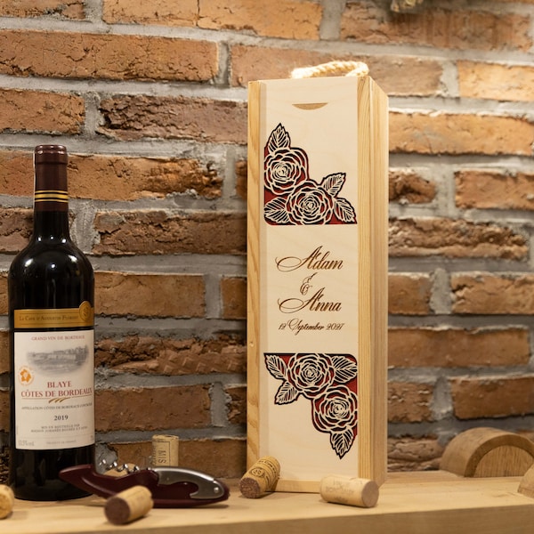 Coffret à vin en bois, boîte personnalisé pour un cadeau, date d'anniversaire, anniversaire de mariage, coffret vin personnalisé, Noël