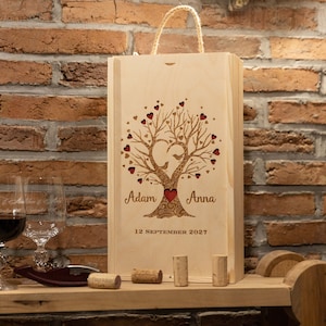 Personalized wooden wine box box for a gift date anniversary wedding anniversary tree + two wine glasses with engraving