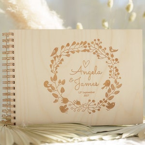 Wooden wedding guest book with elegant laser cut wooden cover natural, chocolate, black photo album personalized image 1