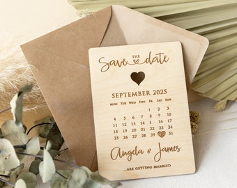 SAVE THE DATE en bois réservez la date mariage rustique date gravée calendrier coeur découpé au laser