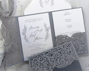 Grey Invitations RSVP Card Luxurious Wedding Invitations Pocket Invitations Laser Cut Wedding Grey Leaves Laser Cut Pocket