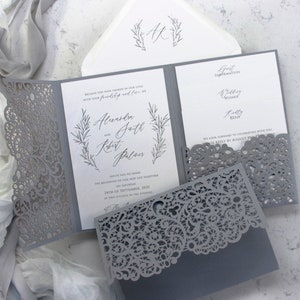 Invitations grises Carte RSVP Invitations de mariage luxueuses Invitations de poche Mariage découpé au laser Feuilles grises Laser Pocket