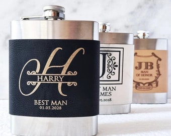 Engraved Gift For Him Or Her, Personalized Leather Flask, Groom Hip Flask, Wedding Flask