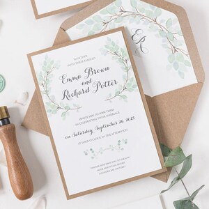 Rustic Wedding Invitations Eucalyptus Watercolor Green Leaf Eco Monogram Boho Wedding image 2