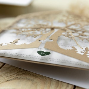 Rustic wedding invitations with an eco laser cut tree with printing for baptism personalized with your own text image 9