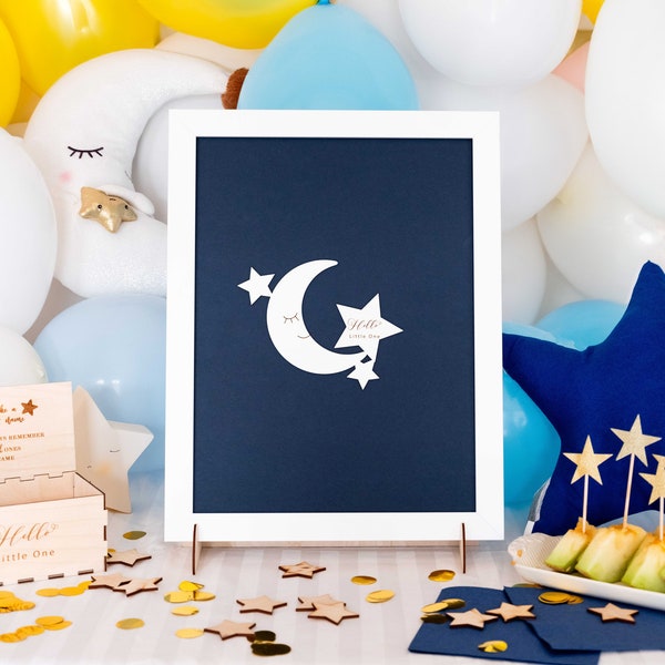 Cadre en bois bébé personnalisé avec lune et étoiles Livre d'or alternatif pour baby shower Baptême Animal personnalisé décor de fête