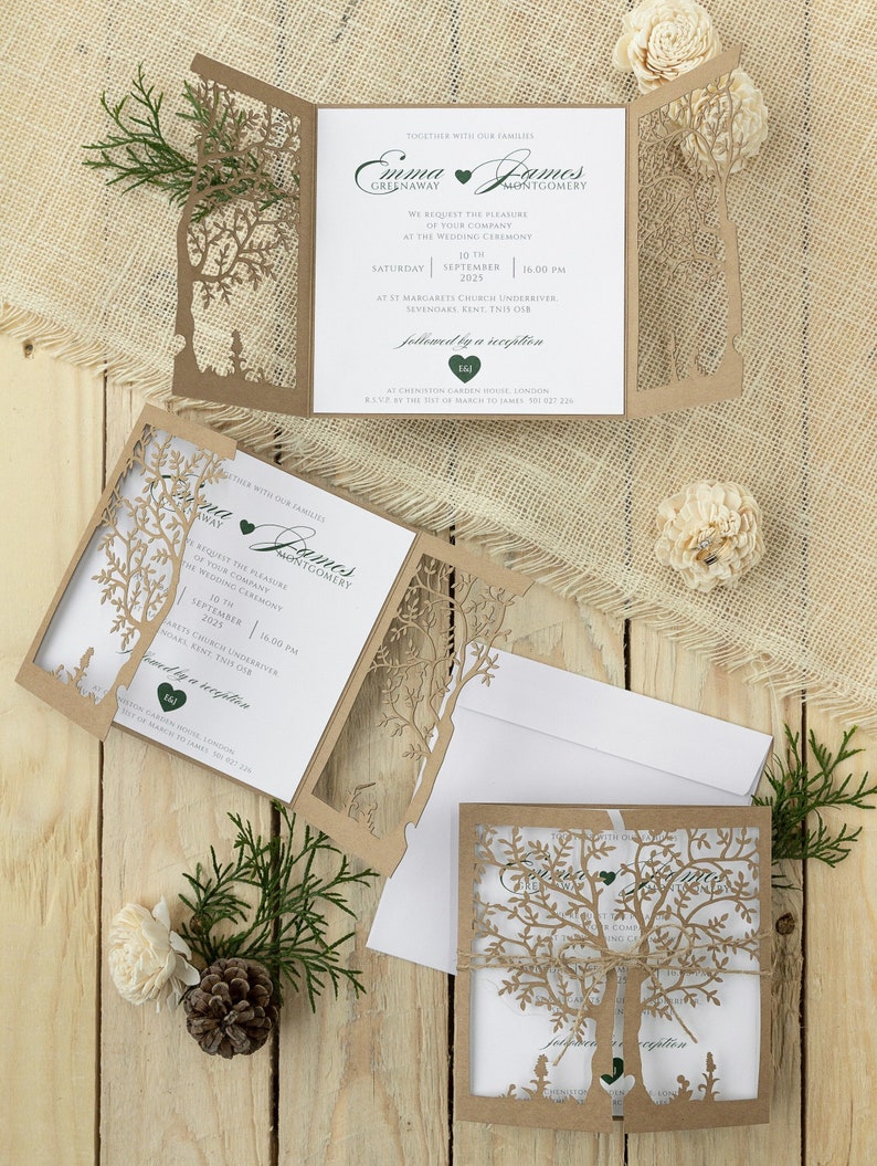 DIY Rustic Wedding Invitations with Eco Laser Cut Tree for Baptism image 1