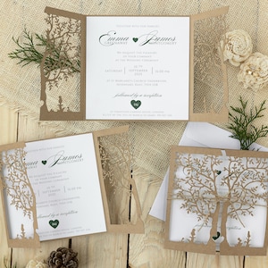 Rustic wedding invitations with an eco laser cut tree with printing for baptism personalized with your own text