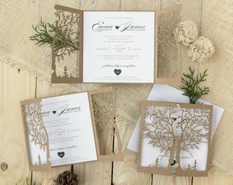 Rustic wedding invitations with an eco laser cut tree with printing for baptism personalized with your own text