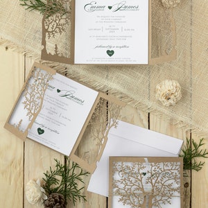 Rustic wedding invitations with an eco laser cut tree with printing for baptism personalized with your own text image 2