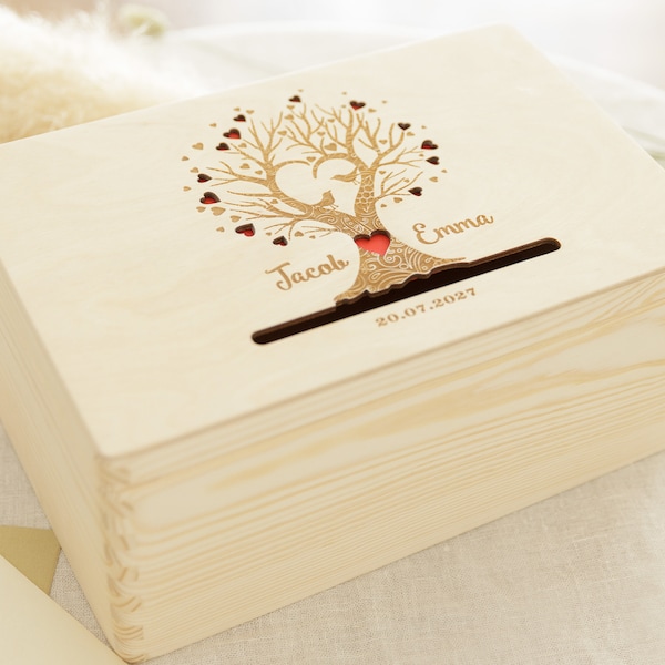 Boîte en bois personnalisée avec gravure arbre enveloppe boîte cadeau de mariage baptême