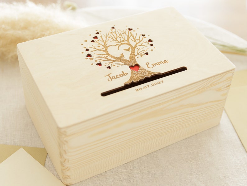 Boîte en bois personnalisée avec gravure arbre enveloppe boîte cadeau de mariage baptême image 1