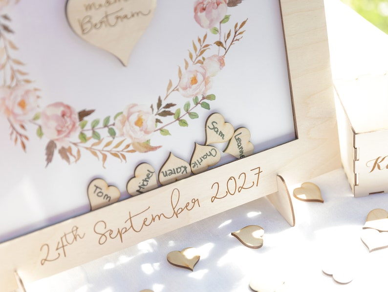 Personalized Wooden Laser Cut Wedding Frame Square Wedding Dropbox Pen Alternative Guest book 画像 3