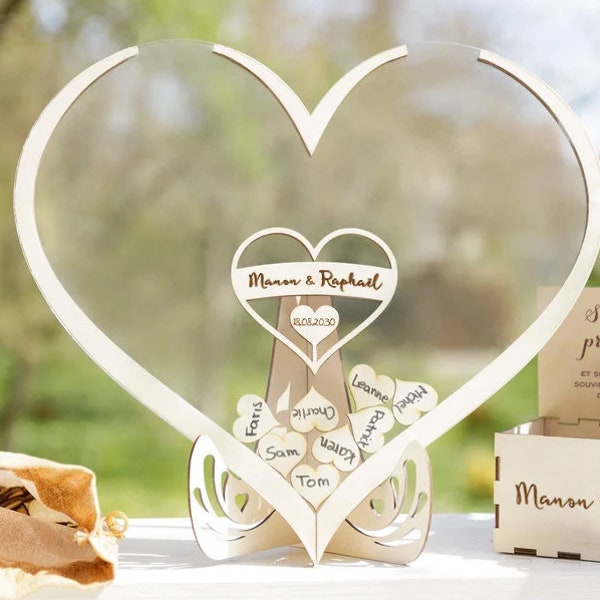 Livre d'or cadre en forme de coeur personnalisable mariage anniversaire coeur en bois personnalisé boîte en bois ensemble de stylos en bois
