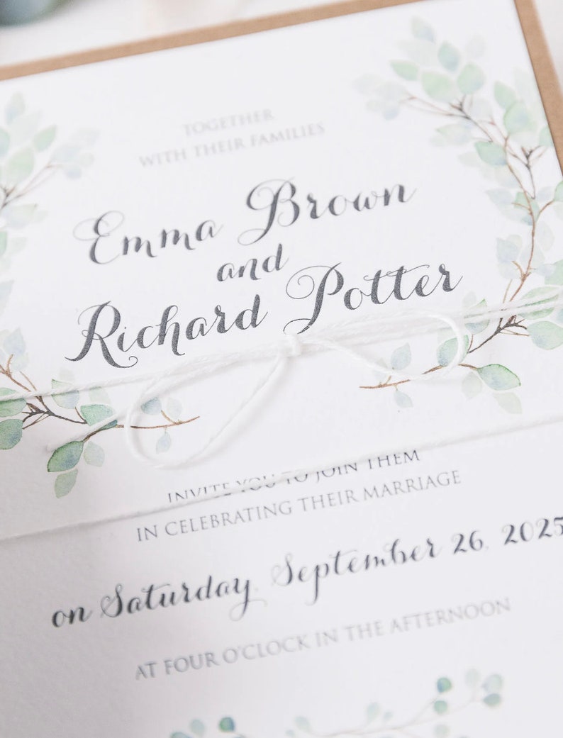 Rustic Wedding Invitations Eucalyptus Watercolor Green Leaf Eco Monogram Boho Wedding image 4