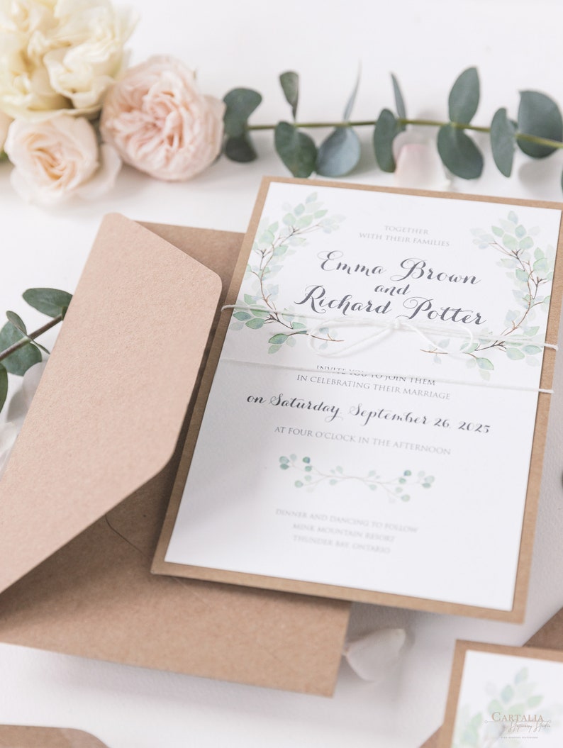 Rustic Wedding Invitations Eucalyptus Watercolor Green Leaf Eco Monogram Boho Wedding image 3