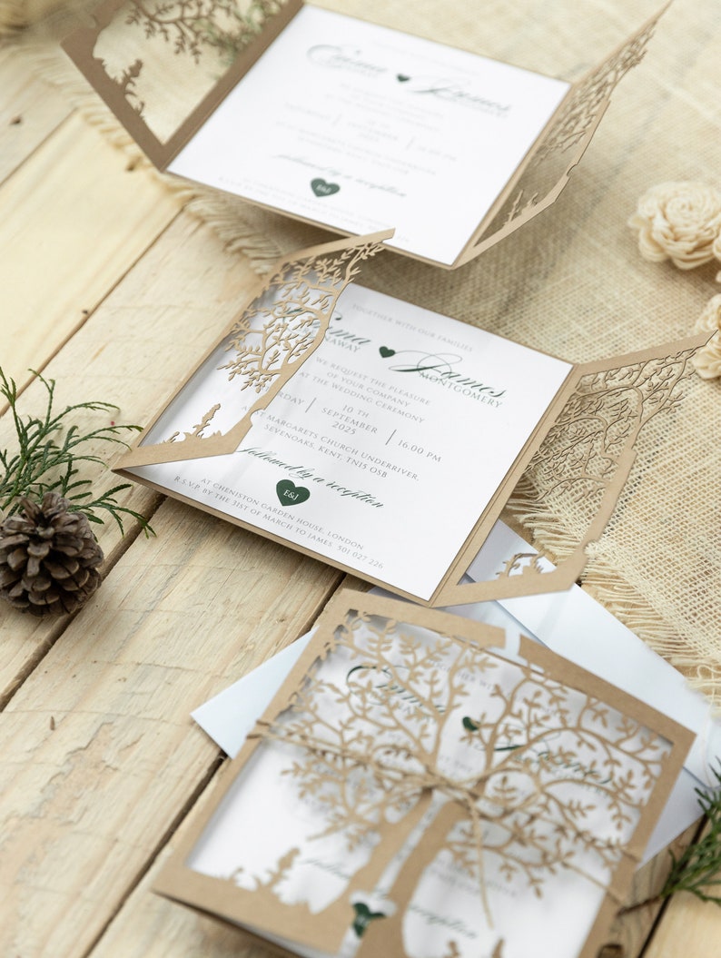 Rustic wedding invitations with an eco laser cut tree with printing for baptism personalized with your own text image 3