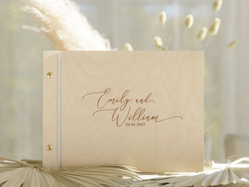 Wooden Wedding Guest Book with Cover Personalized Engraved Laser Cut Elegant 50 Black or Cream Pages image 2