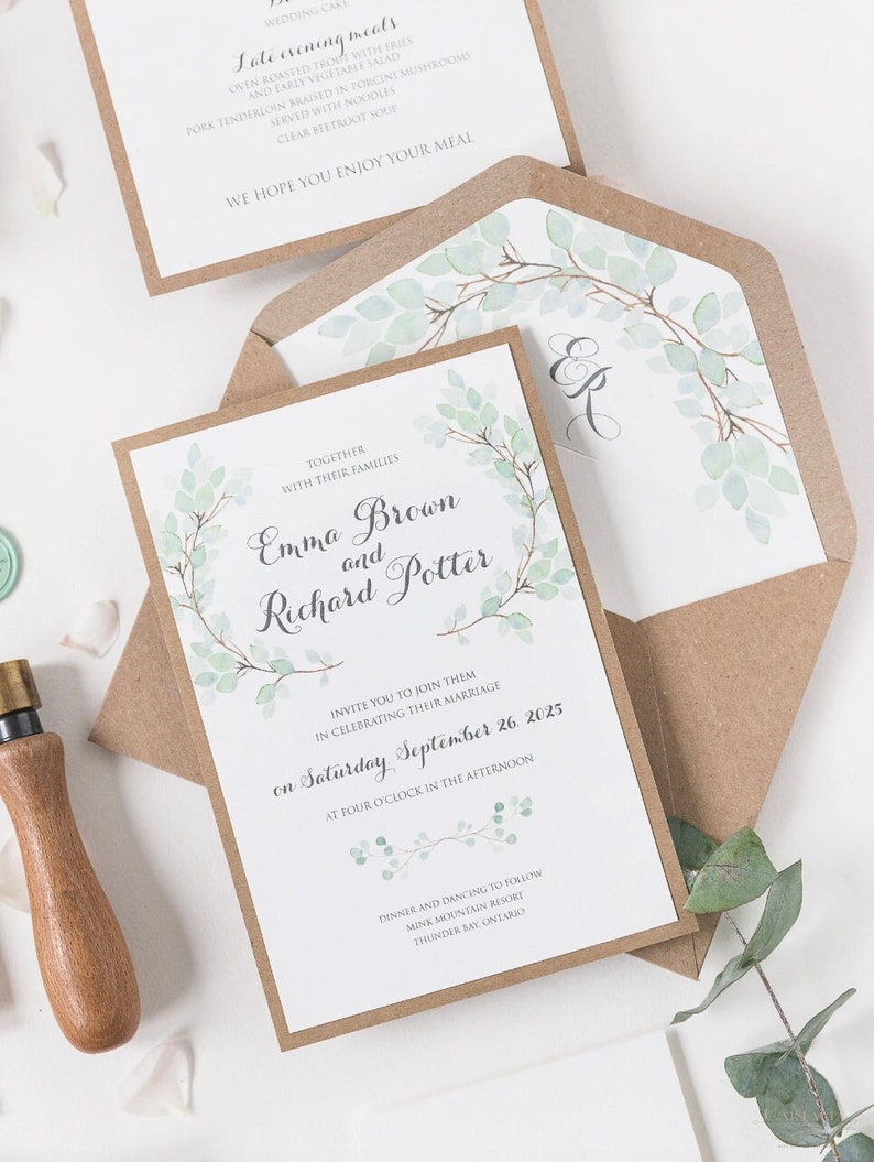 Rustic Wedding Invitations Eucalyptus Watercolor Green Leaf Eco Monogram Boho Wedding image 2