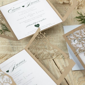 Rustic wedding invitations with an eco laser cut tree with printing for baptism personalized with your own text image 5