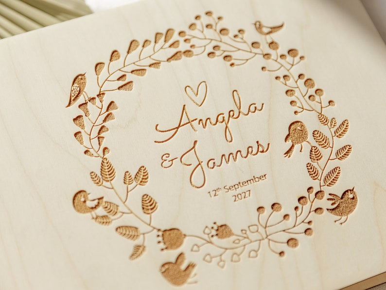 Wooden wedding guest book with elegant laser cut wooden cover natural, chocolate, black photo album personalized image 2