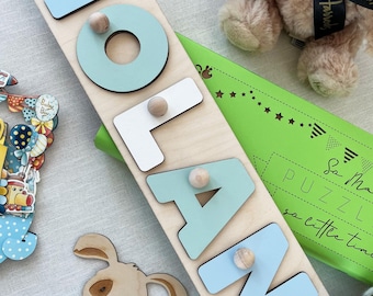 Wooden Name Puzzle for Boys - Montessori Toy, Baby First Birthday Gift