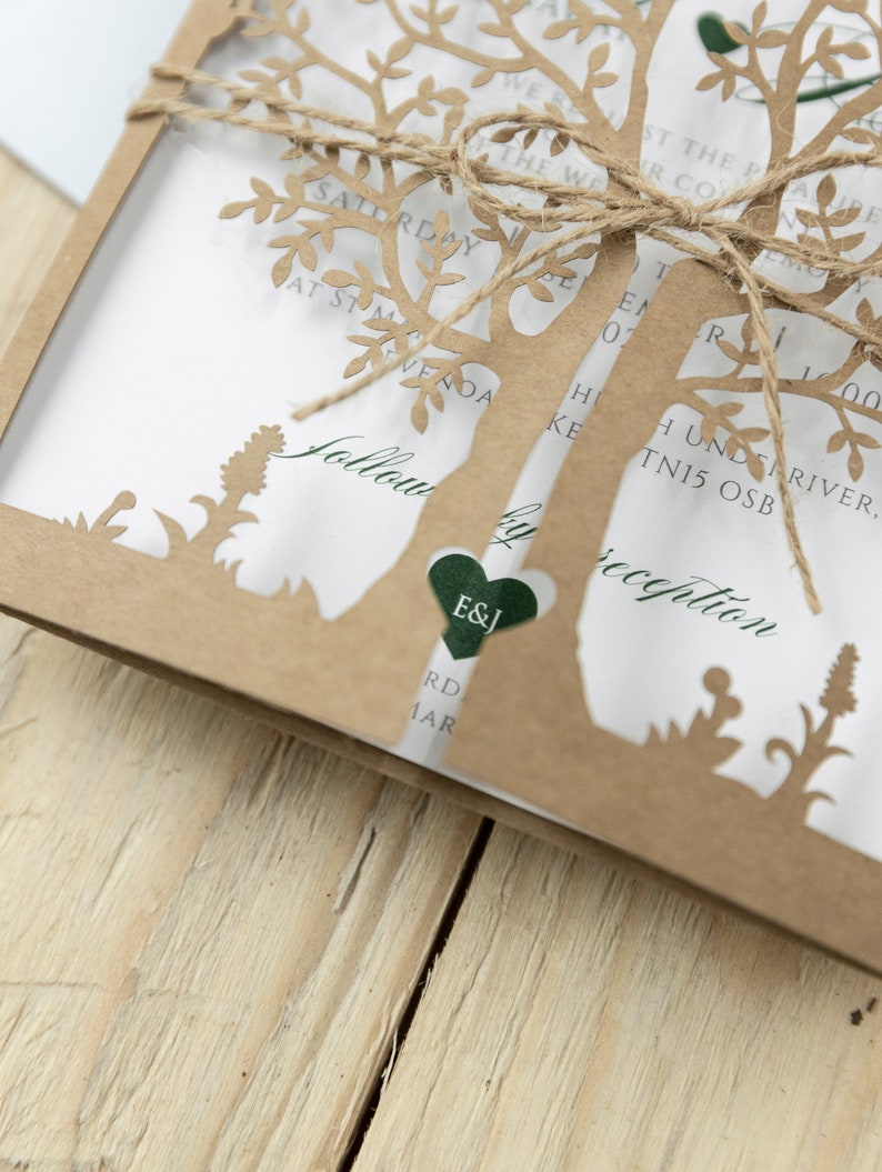 Rustic wedding invitations with an eco laser cut tree with printing for baptism personalized with your own text image 4