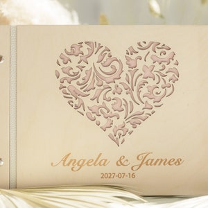 Natural wood wedding guest book personalization engraved laser cut heart birthday photo album gift baptism baby shower