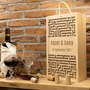 Personalized wooden wine box engraver for a wedding anniversary birthday date gift + two wine glasses with engraving