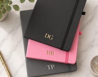 Personalised Notebook A5 Lined Notepad Journal - Custom Name Initials Quality Stationary Gift - Pink Grey or Black Note Book Workplace Gift