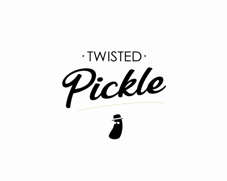 May include: Black and white logo for a business called "Twisted Pickle". The logo features a stylized pickle wearing a hat and sunglasses.