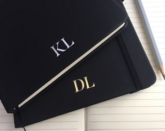 Black Personalised A5 or A6 Notebook Secret Santa Idea - Custom Initials Gifts - Luxury Office New Job Leaving Gift Ideas