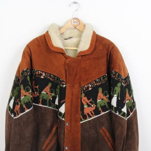 vintage années 90 Veste en cuir Manteau Aztèque Navajo Style Laine Taille L (Taille Homme) Veste en cuir Peau d’agneau
