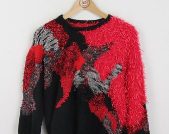 vintage années 80 Pull tricoté Taille S (Taille femme) Fuzzy Fluffy Glitter Party