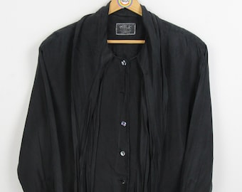 Blusa in seta vintage anni '90 Taglia L (40, taglia da donna) Blusa pubblica in seta a maniche lunghe con bottoni in madreperla