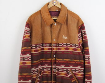 Vintage 90s Leather Jacket Coat Aztec Navajo Style Wool Size L Exigo