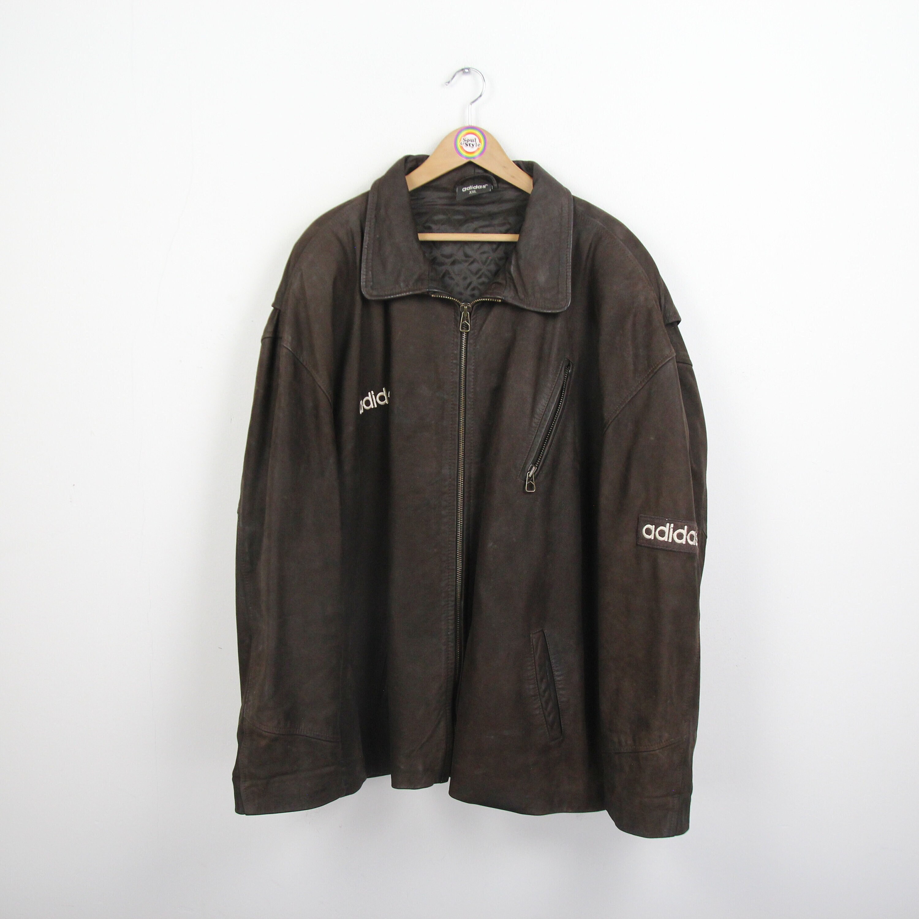 Vintage 80s 90s Adidas Leather Jacket Leather Coat Size 2XL