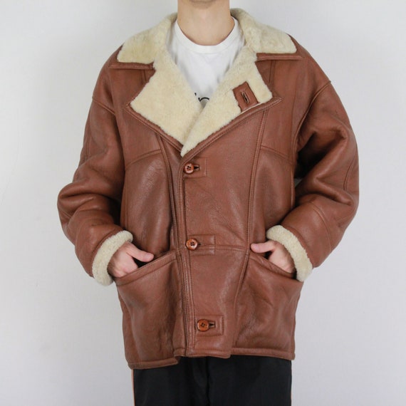 Vintage 80s 90s Shearling Coat Leather Jacket Size M-L Shearling ...